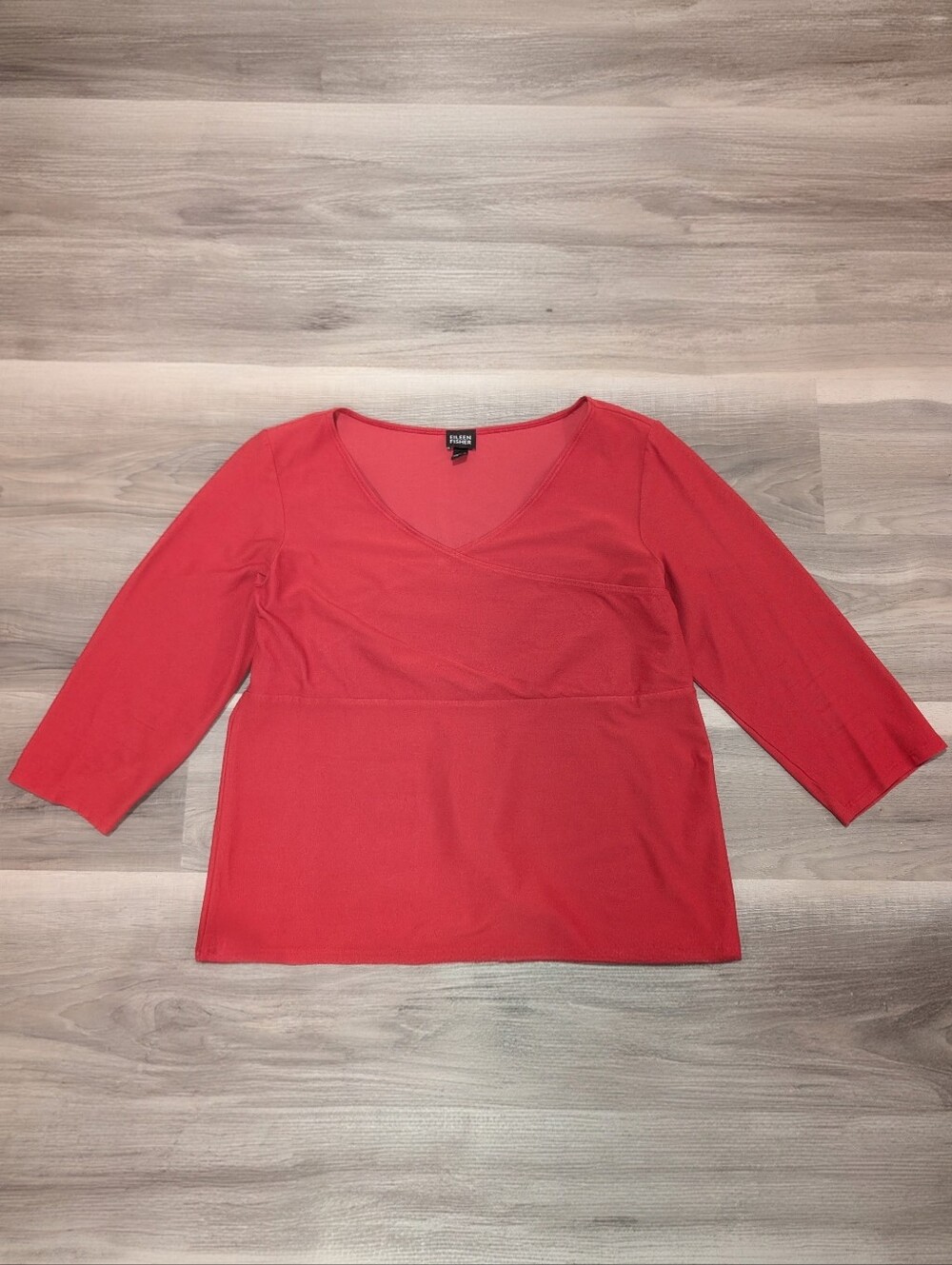 Eileen Fisher | Viscose Jersey Faux Wrap 3/4 Sleeve Top In Crimson Red